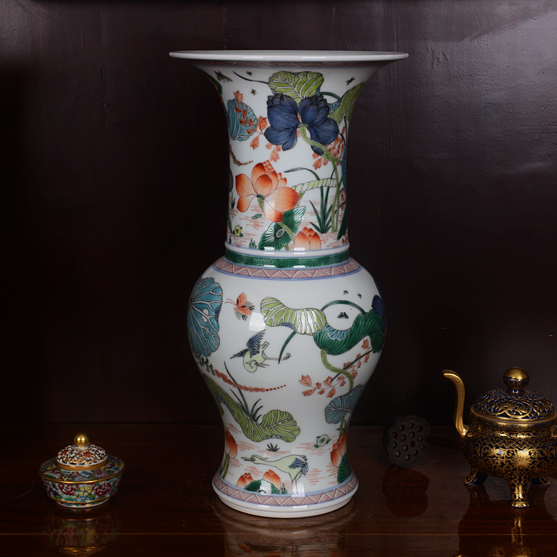 Jingdezhen ceramics imitation the qing emperor kangxi colorful lotus heron grain PND unit tail - on vase household adornment handicraft furnishing articles