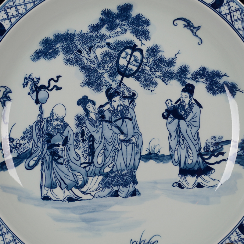 Jingdezhen ceramic decoration plate sit plate hanging dish hand - made antique blue - and - white porcelain crafts are fu lu shou characters