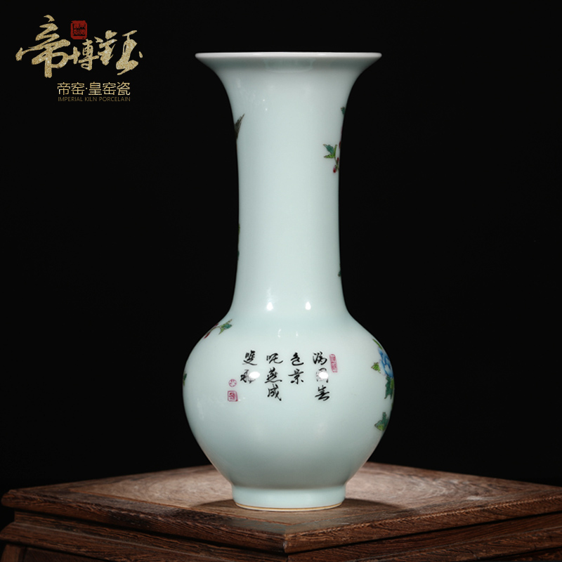 Jingdezhen ceramics vase pastel antique hand - made green glaze peony, black mushroom bottle collection of Chinese style household furnishing articles