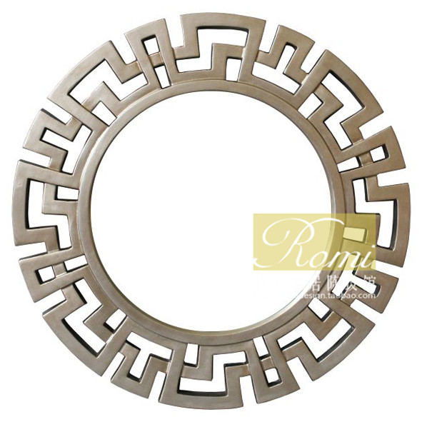 77圆形希腊回纹新中式古典范思哲金色香槟木色玄关镜浴室镜装饰镜