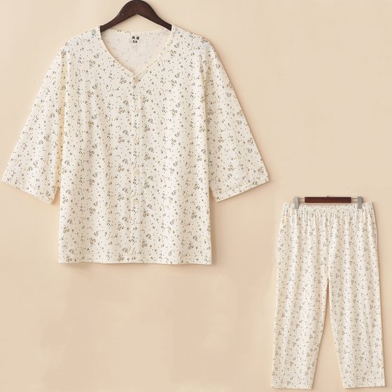 Middle-aged and elderly pure cotton suit for women's seven-quarter sleeves nine-quarter pants loose large size grandma pajamas mother home clothes summer Middle-aged and elderly pure cotton suit for women's seven-quarter sleeves nine-quarter pants loose large size grandma pajamas mother home clothes summer