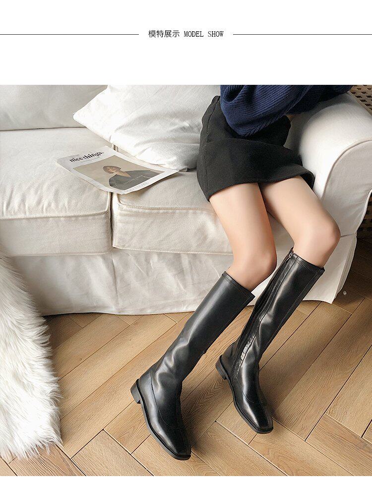 网红ins瘦瘦靴女秋冬韩版方头低跟不过膝长靴子高筒黑色骑士皮靴