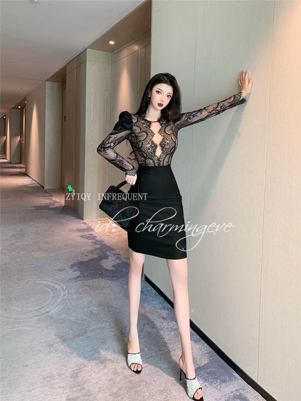 Phụ nữ sexy ren ống tay áo khâu túi hông đầm tính khí cổ trắng mùa xuân và mùa thu đáy váy CV cao eo - Váy eo cao