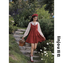 linjou Lingjiu red strappy skirt spring 2022 new style waist small man college style dress womens skirt
