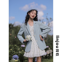 Linjou Lingjiu small blazer womens 2022 spring new blue British style small man suit top