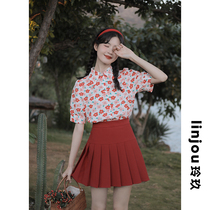 Linjou Lingjiu pleated skirt womens summer skirt a word red high waist thin 2022 new jk short skirt