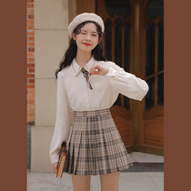 Lingjiu college style jk plaid a word pleated skirt womens spring and autumn season 2022 new small man slim skirt