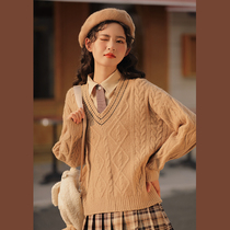 Linjou Lingjiu 2021 Autumn Winter Academy Wind V Collar Japanese Sweater Womens Pullie Outside Wearing A Knit Shirt Vintage Top
