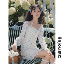 Linjou Lingjiu floral dress womens 2022 spring and autumn new skirt temperament chiffon design sense French short skirt