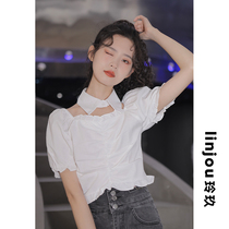 Lingjiu black design sense chiffon shirt womens summer 2022 spring new niche folded cropped top