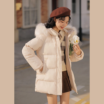 Lingjiu cotton clothes womens winter 2021 new Korean version loose mid-length cotton coat coat large fur collar cotton jacket thickened