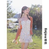 linjou Lingjiu French floral slip dress womens summer high-rise slim skirt New lace-up waist dress
