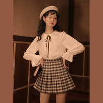 linjou Lingjiu brown vintage plaid pleated skirt womens spring high-waist skirt small tall new short skirt