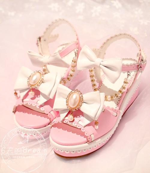 寶格麗珠寶系列 夏季新品原創Lolita珠寶涼鞋軟妹鞋甜美少女洛麗塔蝴蝶結坡跟女鞋 寶格麗珠寶