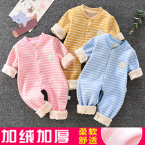 Newborn infants and young childrens boys and womens baby thermal underwear plus velvet padded clothes climbing clothes open pajamas autumn and winter