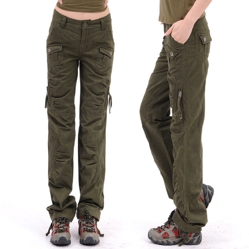 女款户外休闲裤 多袋裤 女工装裤登山旅行裤军绿直筒裤