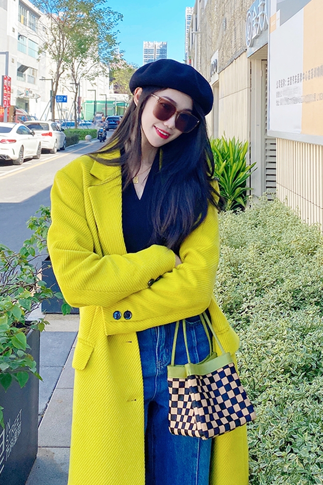 Clothes color cool yellow woolen coat women's small winter niche thickened high-quality fried street medium-length coat