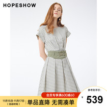 Red sleeve hopeshow romantic princess dress summer new womens plaid color waist pleated round neck dress