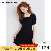 Red sleeve French square collar dress 2021 Spring and Autumn new womens pearl buckle bubble sleeve waist small black dress