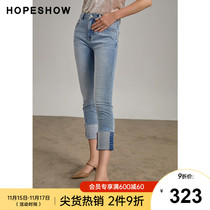 Red sleeve hopeshow flanged jeans summer and autumn new womens natural waist wash do old seven points pencil pants