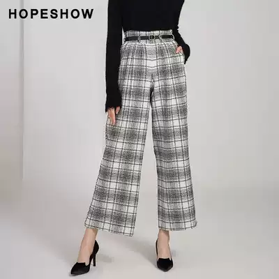 Red sleeve hopeshow casual pants women's winter new plaid wide leg thin high trousers