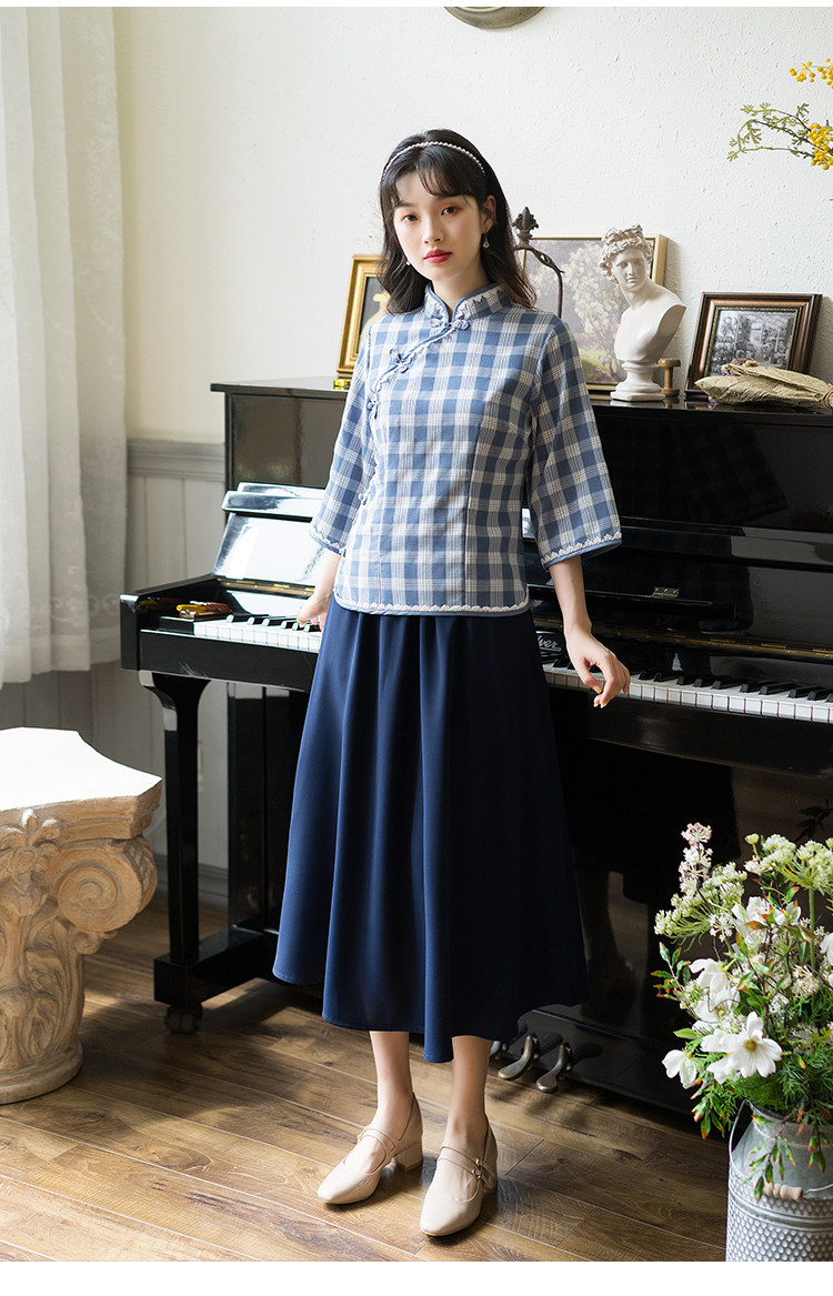 858#2020民国风格子改良旗袍七分袖上衣女装 复古盘扣中国风女