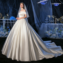 One-worned satin main wedding dress 2022 bride wedding dream star long dragged tail wedding dress spring summer