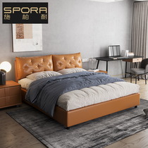 Schbernai leather bedside layer cowhide bed Master bedroom leather bed 1 8 meters 1 5 meters double bed small apartment wedding bed flush side