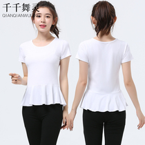 The new modern dance top is thin dance costume covering the belly short sleeves and summer practice to serve female Latin dance yoga suit adult