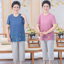 200 Jin Summer Grandma Middle-aged Mother Women Plus Size Linen Cotton Linen Round Neck T-shirt Capri pants Set