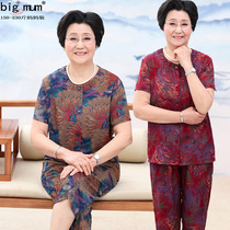 Summer middle-aged and elderly plus-size fat mother suit Plus-size plus-size grandmother cotton silk cardigan nine-point pants female two-piece suit