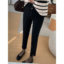 MUKOK black slim-fit jeans womens autumn and winter 2022 new high-waist slimming slit straight leg nine-point pants