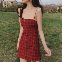 In early autumn 2022 new back lace-up high waist slim plaid girl heart backless sling holiday dress