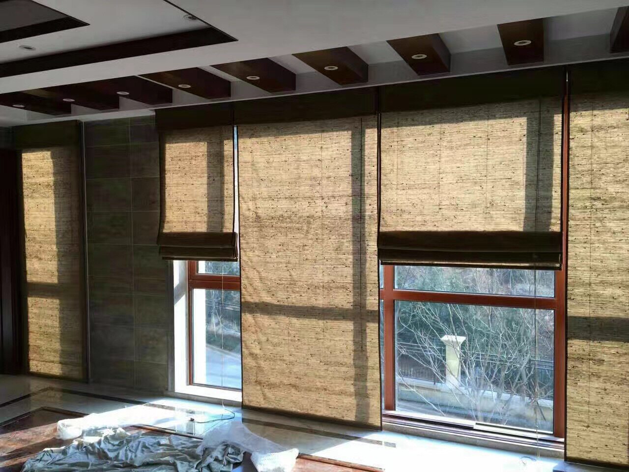 麻草帘,新中式装修,茶馆,餐厅装修罗马帘     