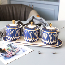 Nordic light luxury ceramic seasoning tank Sugar tank Salt tank Four-piece seasoning tank bottle Seasoning bowl Flower and fruit tea tank set