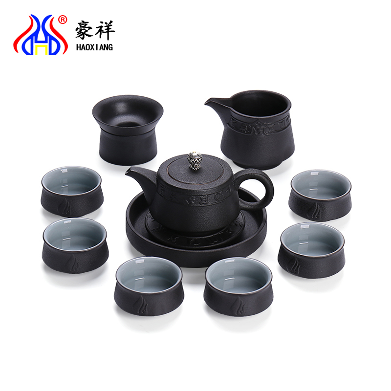 Howe auspicious household utensils sets coarse pottery kung fu tea set gift box, black pottery tea tureen teapot teacup