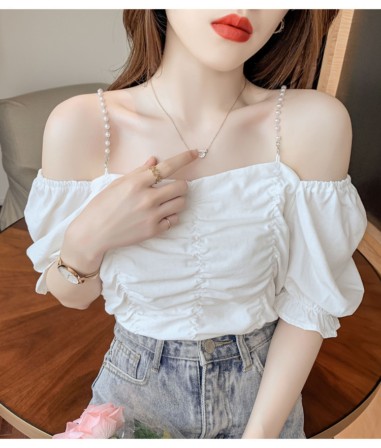 2021夏季新品性感优雅珍珠链吊带露肩衬衫上衣