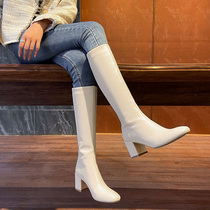 Knights boots female 2021 autumn and winter New thick heels knee boots white leather high boots Joker heels heels boots