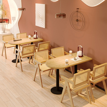 Solid Wood Commercial Catering Shop Table And Chairs Dining combined restaurant Leisure sweet milk tea shop Rattan Leaning Back Chair