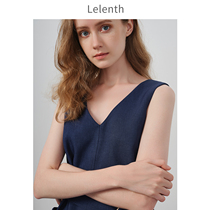 Lailun spring and summer New temperament commuter V collar dress female intellectual dark blue waist slim sleeveless Medium-length dress