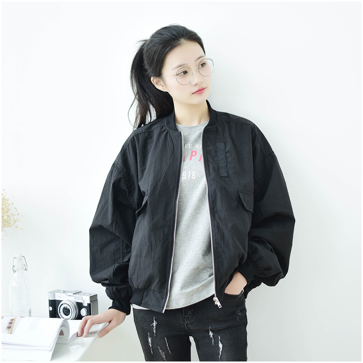 斜口袋小清新宽松短外套女2017春装新款春秋季立领棒球服
