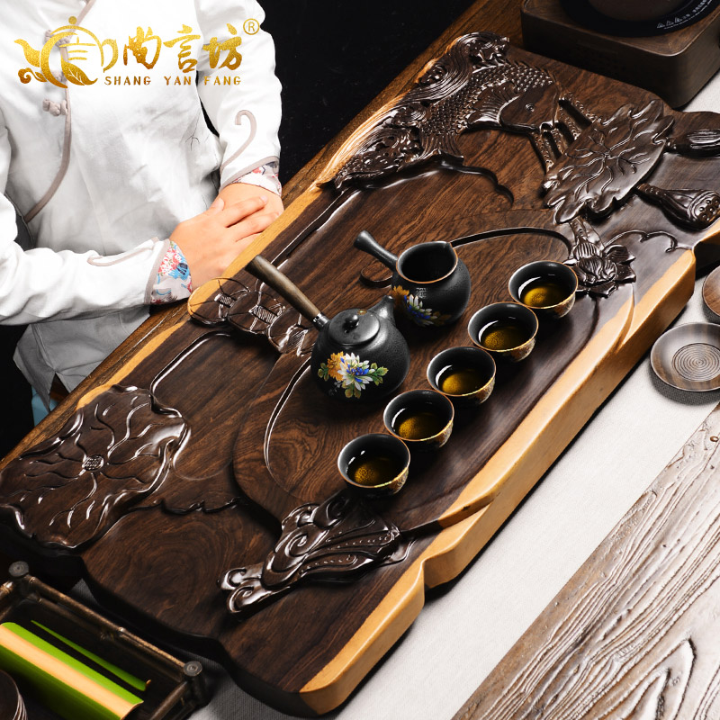 It still fang the whole piece of ebony tea tray hand - carved solid wood tea sea kung fu tea set large drainage type household