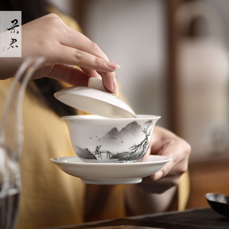 JingJun jingdezhen ceramics kung fu tea set only three bowl of hand - made tureen manually make tea bowl cups to cups