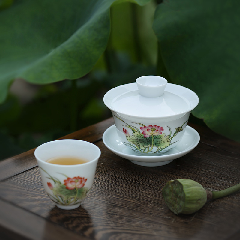 JingJun jingdezhen ceramics kung fu tea set only three bowl of hand - made of lotus tureen cup tea bowl set by hand