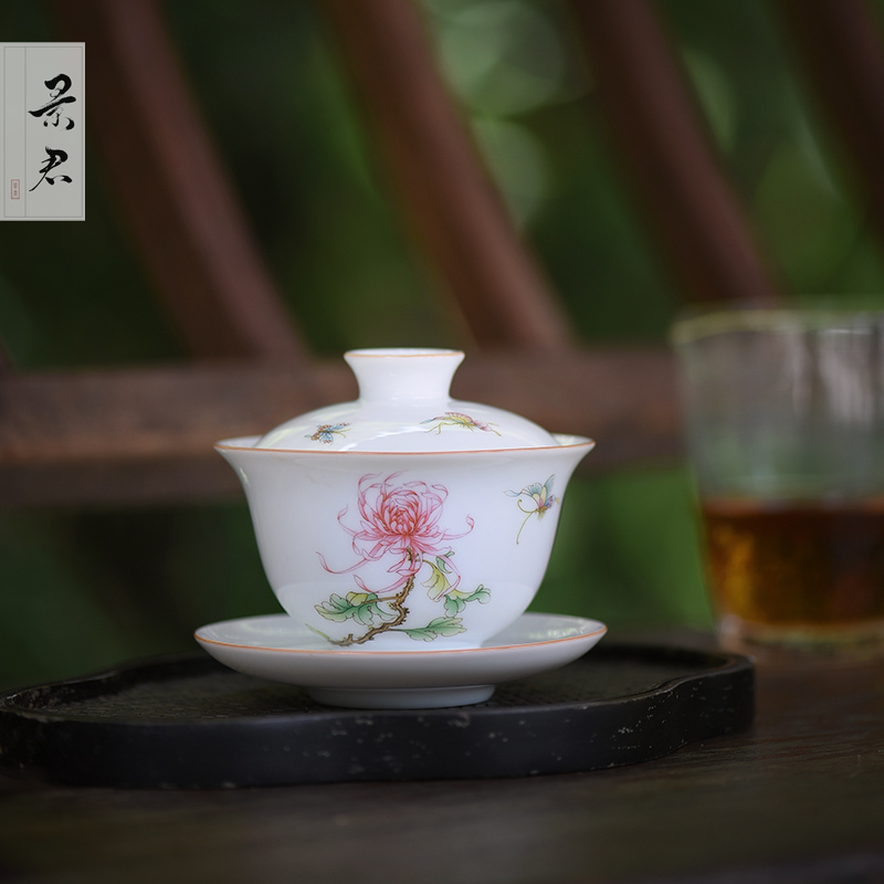Jingdezhen ceramic kung fu tea tureen pure manual hand draw three cups to tureen tea bowl GaiWanCha cups