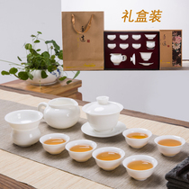 Suet white porcelain kung fu tea set teapot lid bowl tea cup set set whole set of filter Road Cup home office gift box