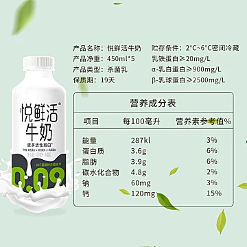 【郭晶晶推荐】君乐宝悦鲜活牛奶450ml*5瓶[2元优惠券]-寻折猪