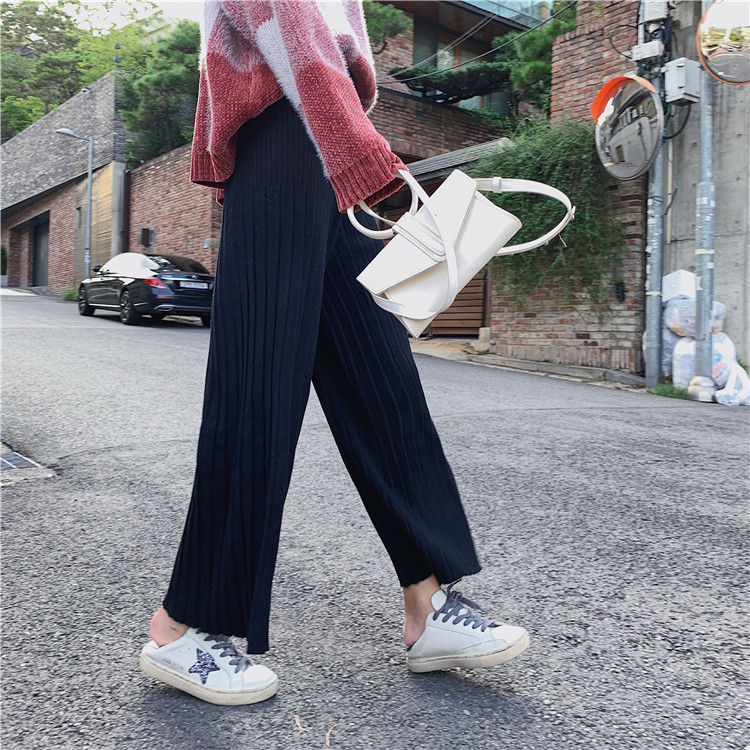 全店实拍 秋冬坠感百褶针织阔脚裤女加厚直筒裤宽松休闲裤