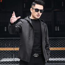 Haining leather jacket mens sheep leather jacket hooded thin deer leather jacket short plus velvet jacket
