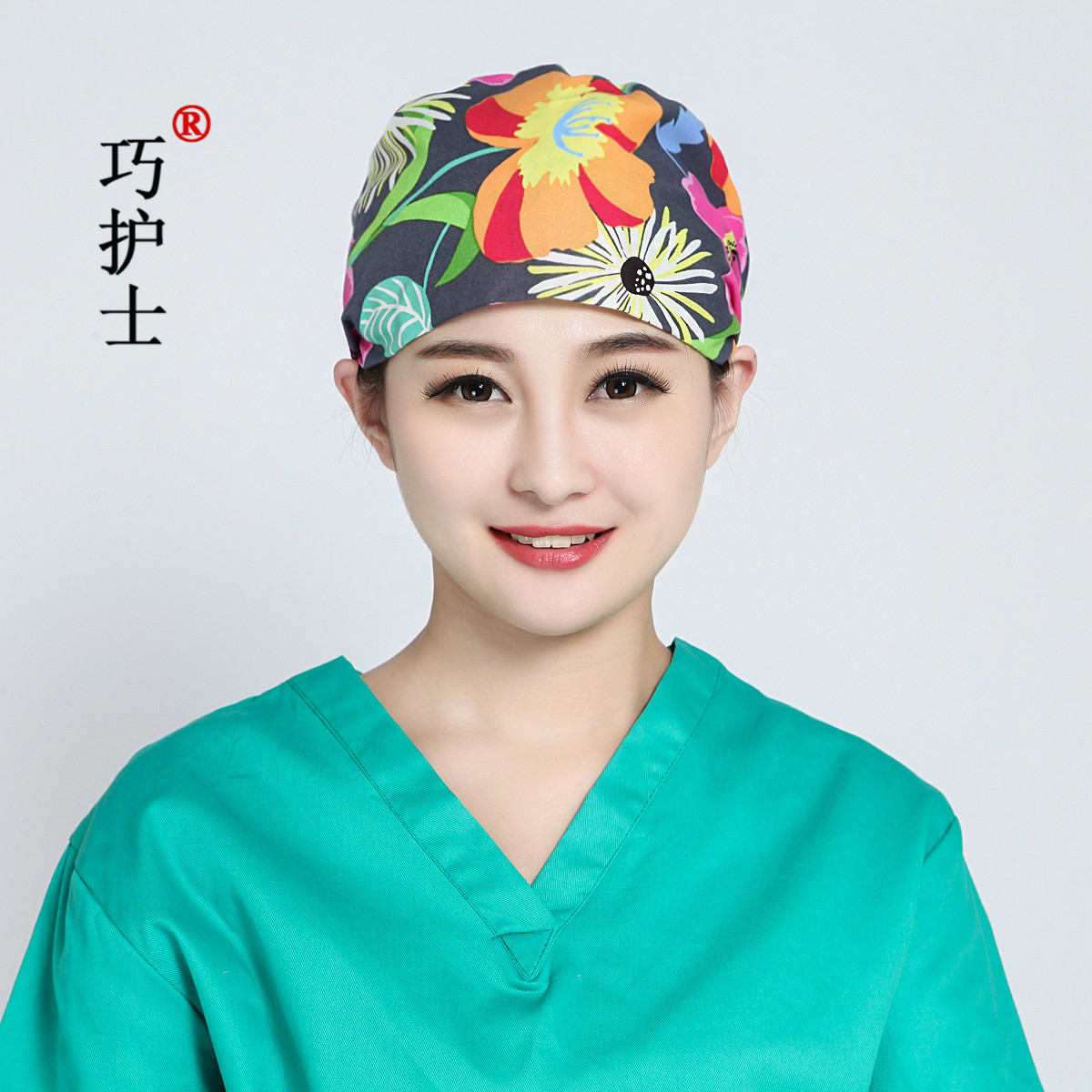 巧护士 红色大花 全棉印花手术帽 女医生护士帽 美容师帽 月子帽